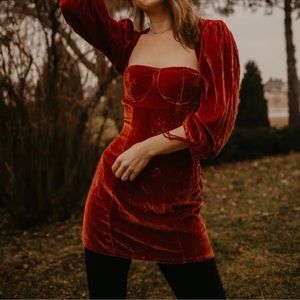 FOR LOVE & LEMONS NADINE RUST VELVET BUSTIER LONG SLEEVED MINI DRESS SIZE XS